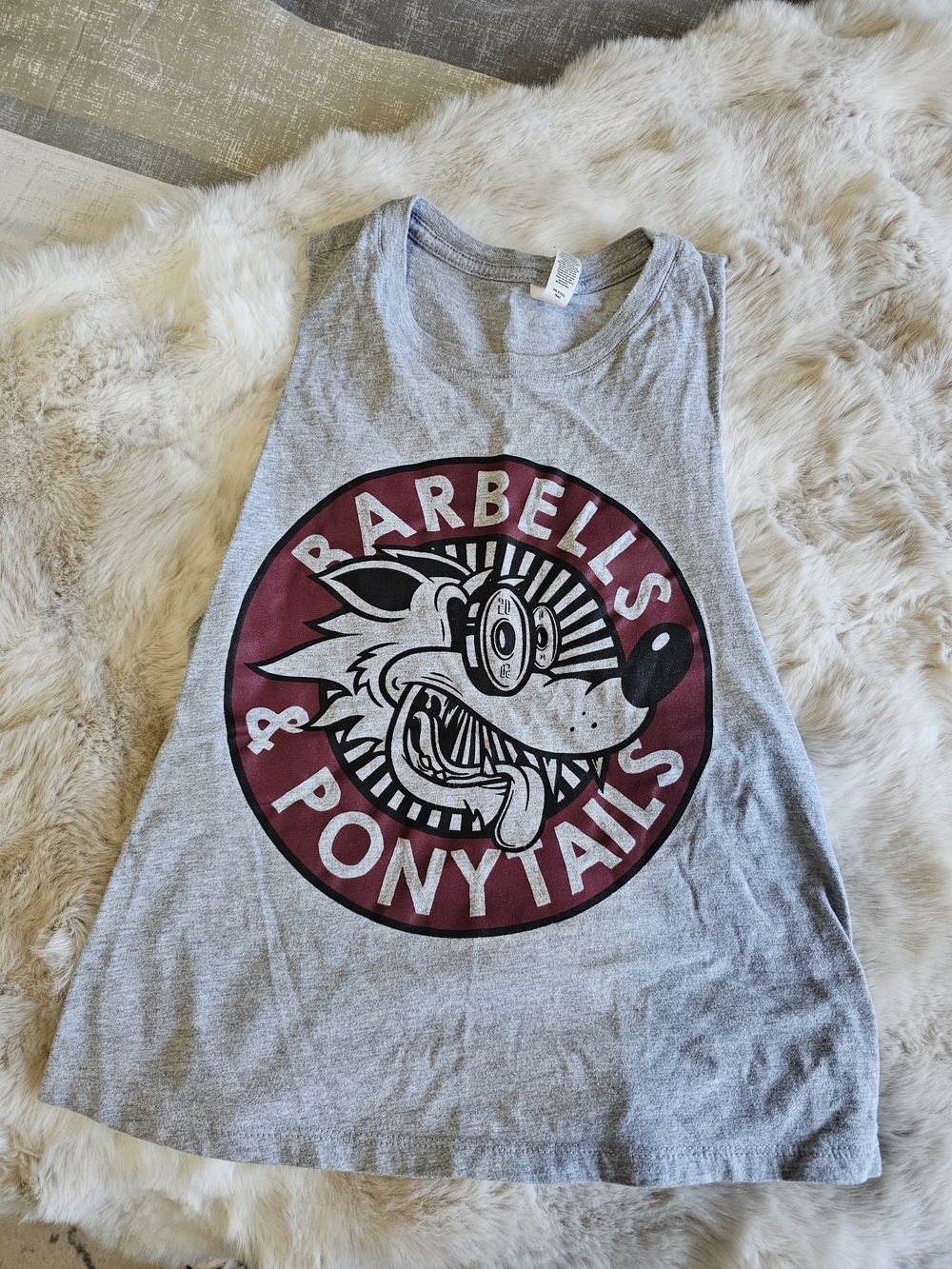 Barbells & Ponytails Gray Graphic Tank Top - Maroon Logo Size Medium